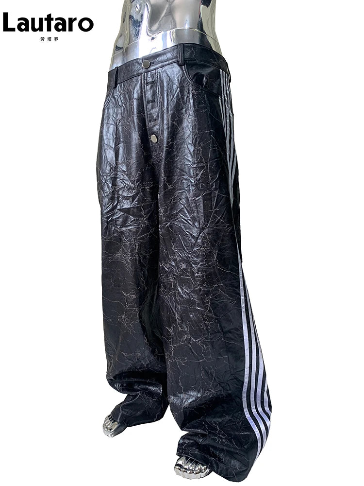 Lautaro Autumn Long Black Faux Leather Wide Leg Pants for Mens with Side Stripes Holes Luxury Emo Streetwear European Fashion