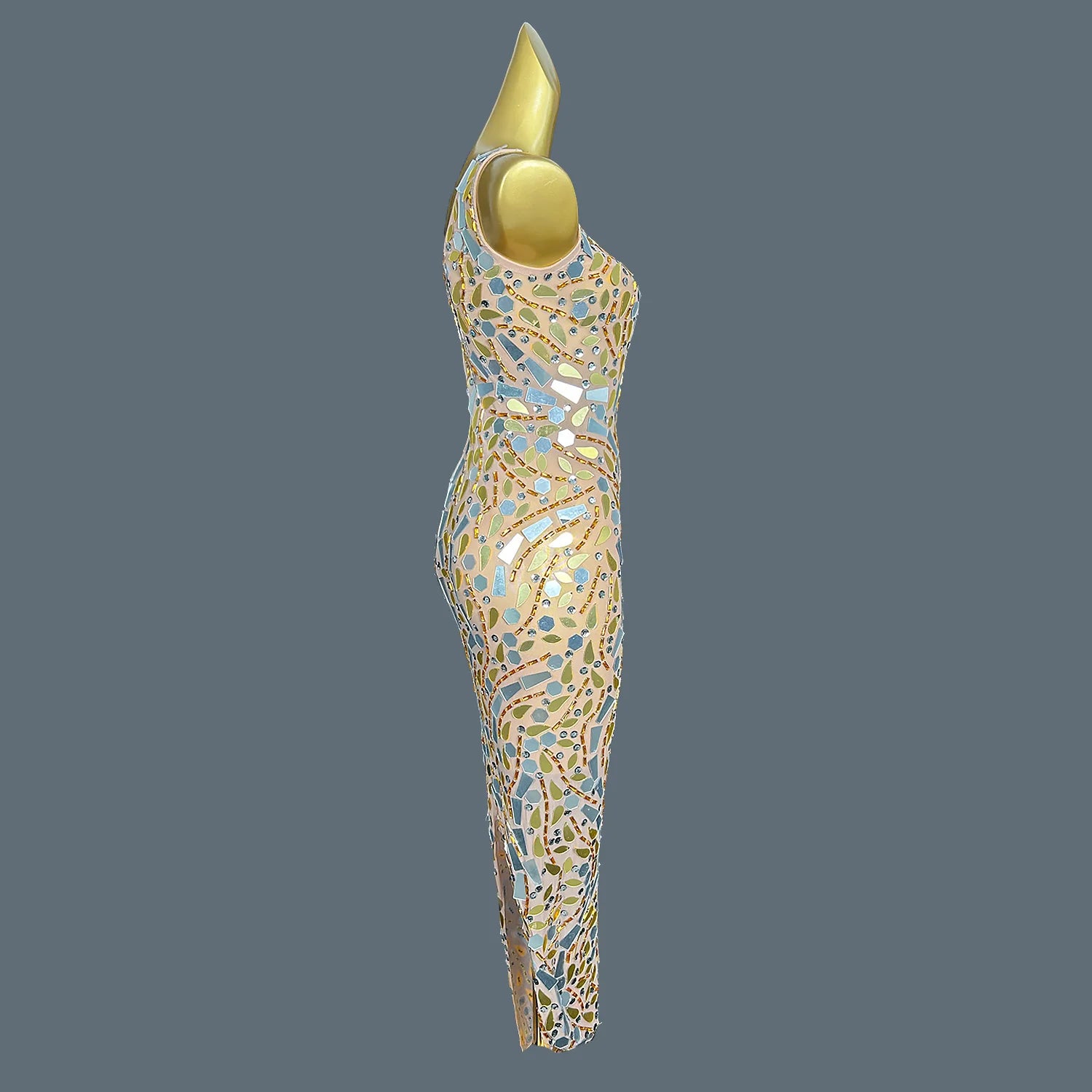 Young Lady Formal Wear Sexy Mesh Sparkling Mirrors Stretch Maxi Long Dress Dinner Party Costume Club Prom Stage Wear Fenglinghua