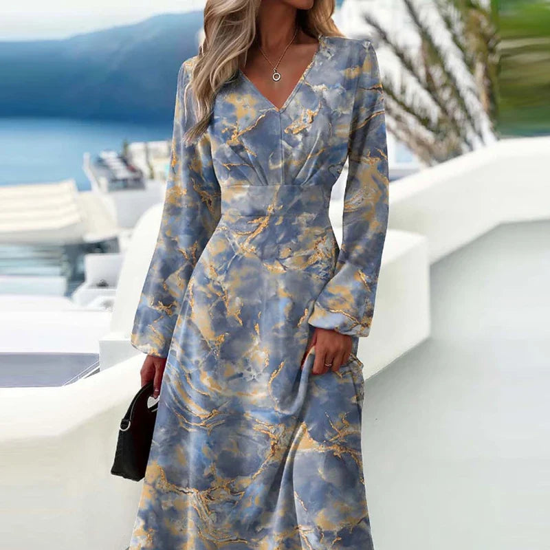 Retro Ladies Printed Slim Fit Dresses V-neck Flared Sleeves Waist Patchwork A-line Skirt New Trendy Women's Wear For Spring 2024 Slate ash