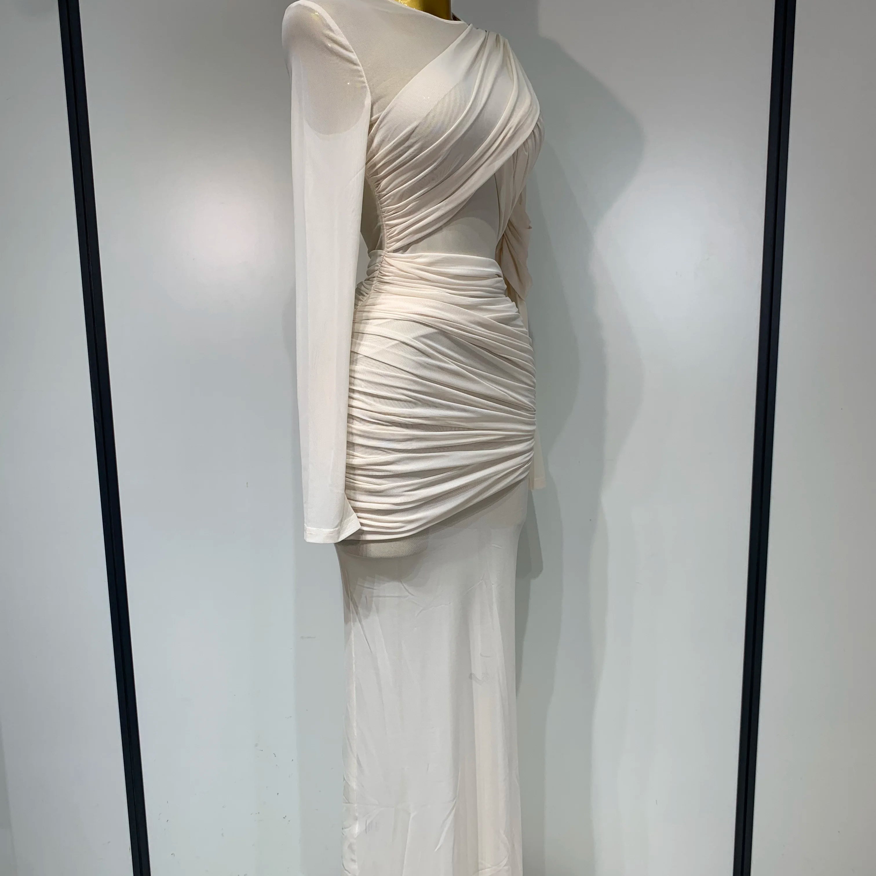 Elegant Mesh Fold Long Sleeve Bodycon Dress Women 2025 Evening Party Club Sexy Perspective Fashion Luxury Birthday Dresses