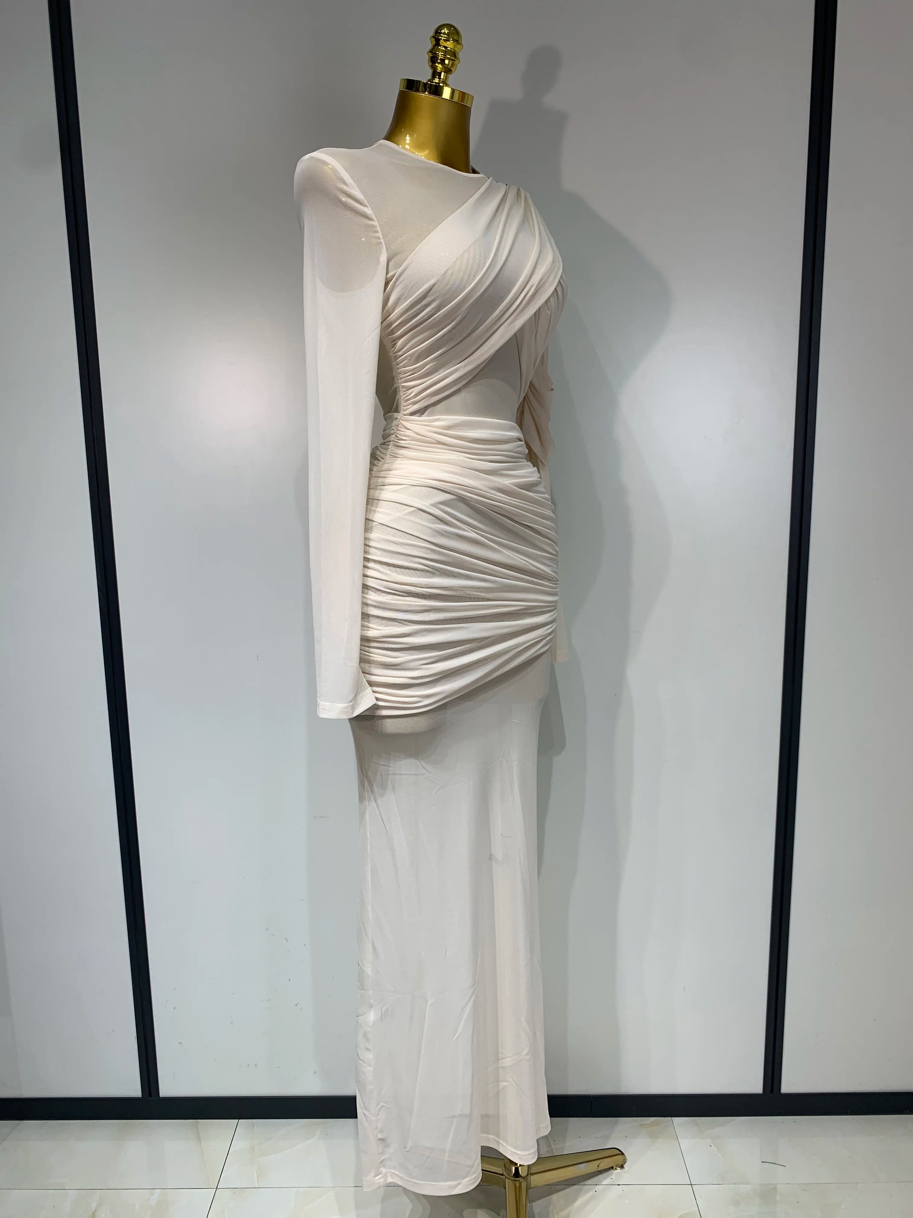 Elegant Mesh Fold Long Sleeve Bodycon Dress Women 2025 Evening Party Club Sexy Perspective Fashion Luxury Birthday Dresses