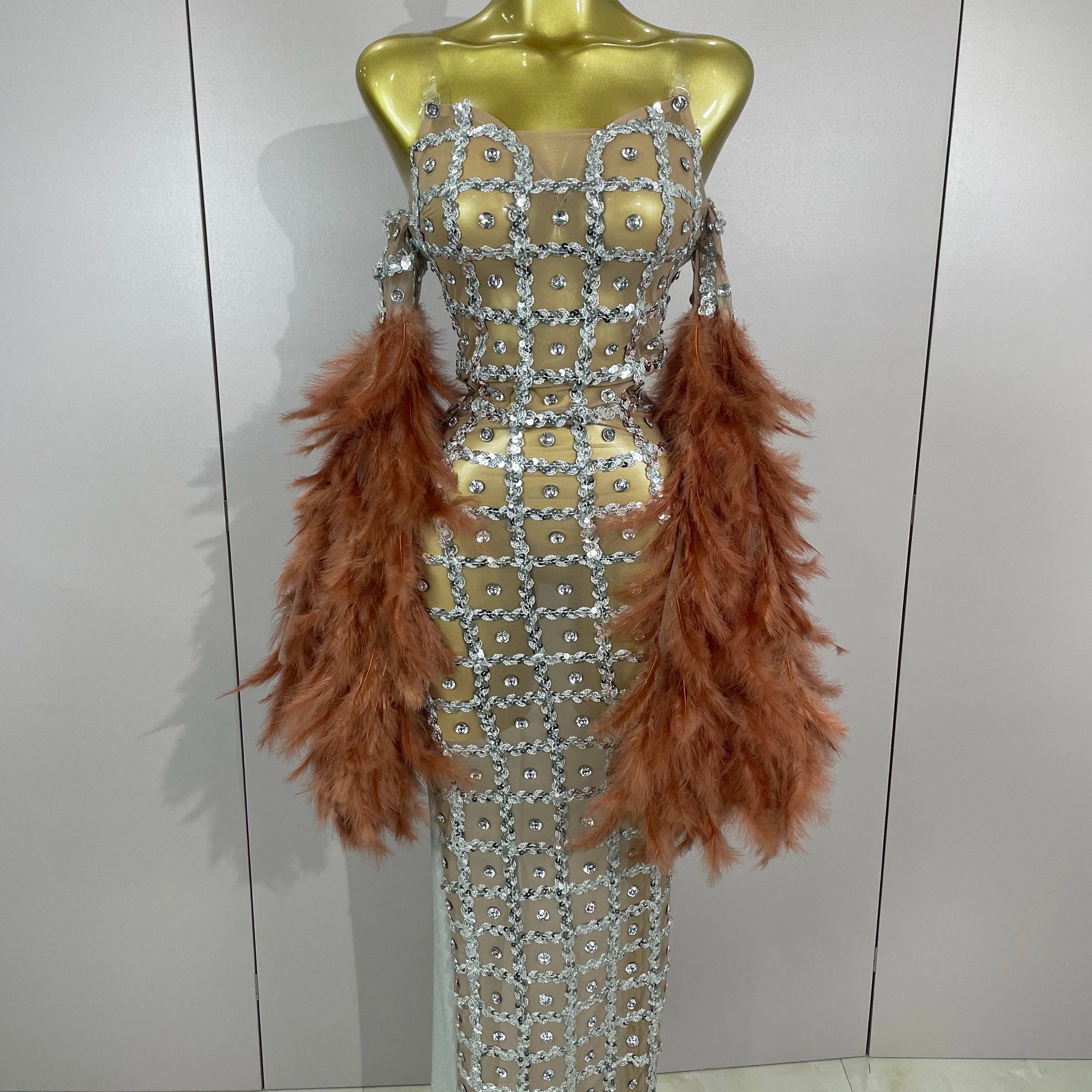 Luxury Sparkling Diamond Feather Mesh Tight Sexy Mesh Long Dress 2025 Women Birthday Party Nightclub Stage Performance Costume Silver
