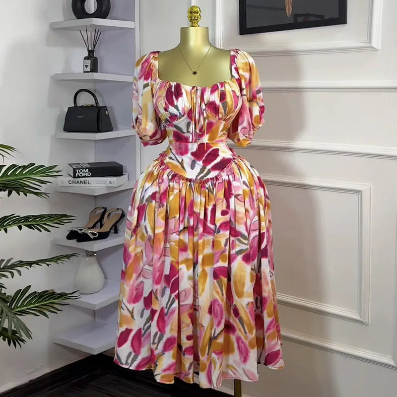 Women Tulip Foral Printed Lantern Short Sleeve Big Swing High Waist Dress 2025 Chic Birthday Party Vestidos Sexy Dresses Red