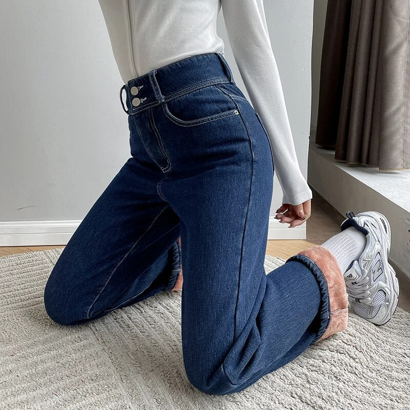 Winter Warm Fleece Wide Leg Jeans Women Vintage Baggy High Waist Denim Pants 2024 Loose Straight Mom Jean Pantalones De Mujer Dark Blue