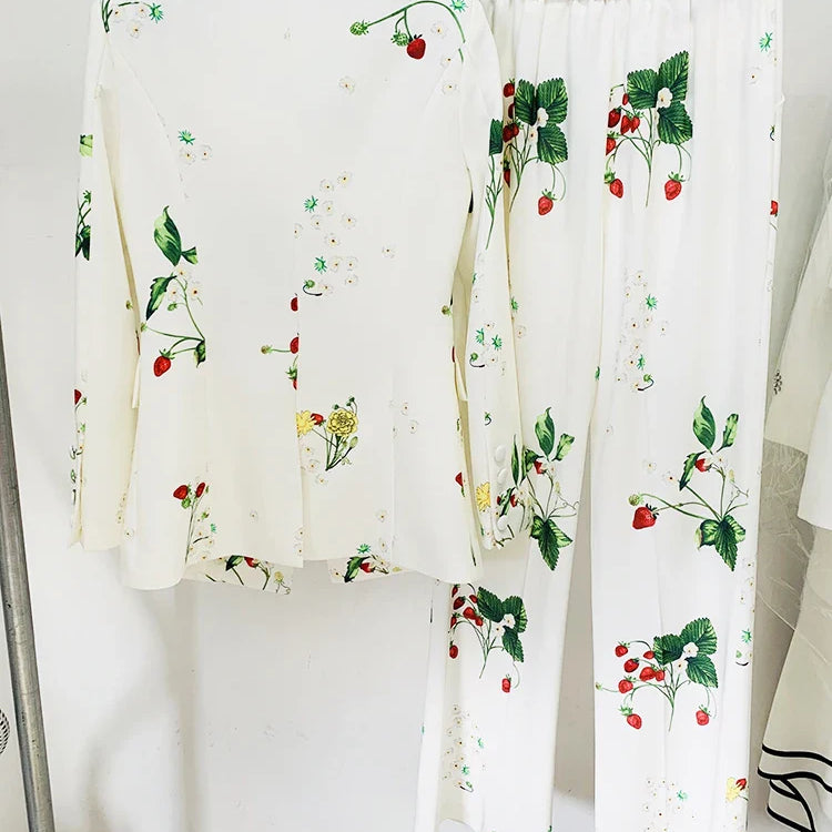 HIGH QUALITY Newest Designer Runway Suit Set Women's Single Button Strawberry Floral Printed Blazer Pants Suit 2pcs