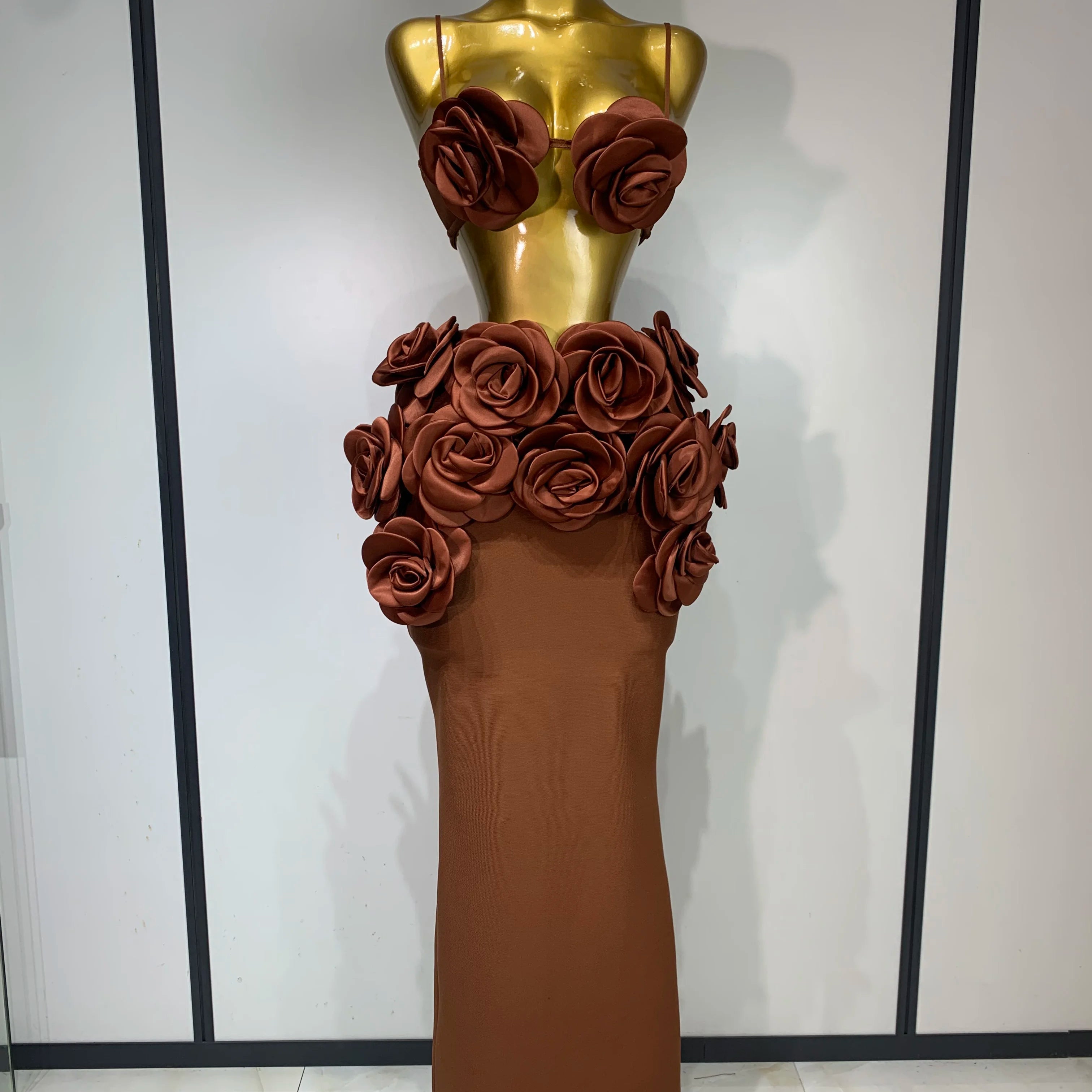 Women Sexy Camisole Floral Bandage Long Skirts Two Piece Set 2025 Celebrity Elegant Party Cocktail Prom Gown Nightclub Outfit Dark Brown