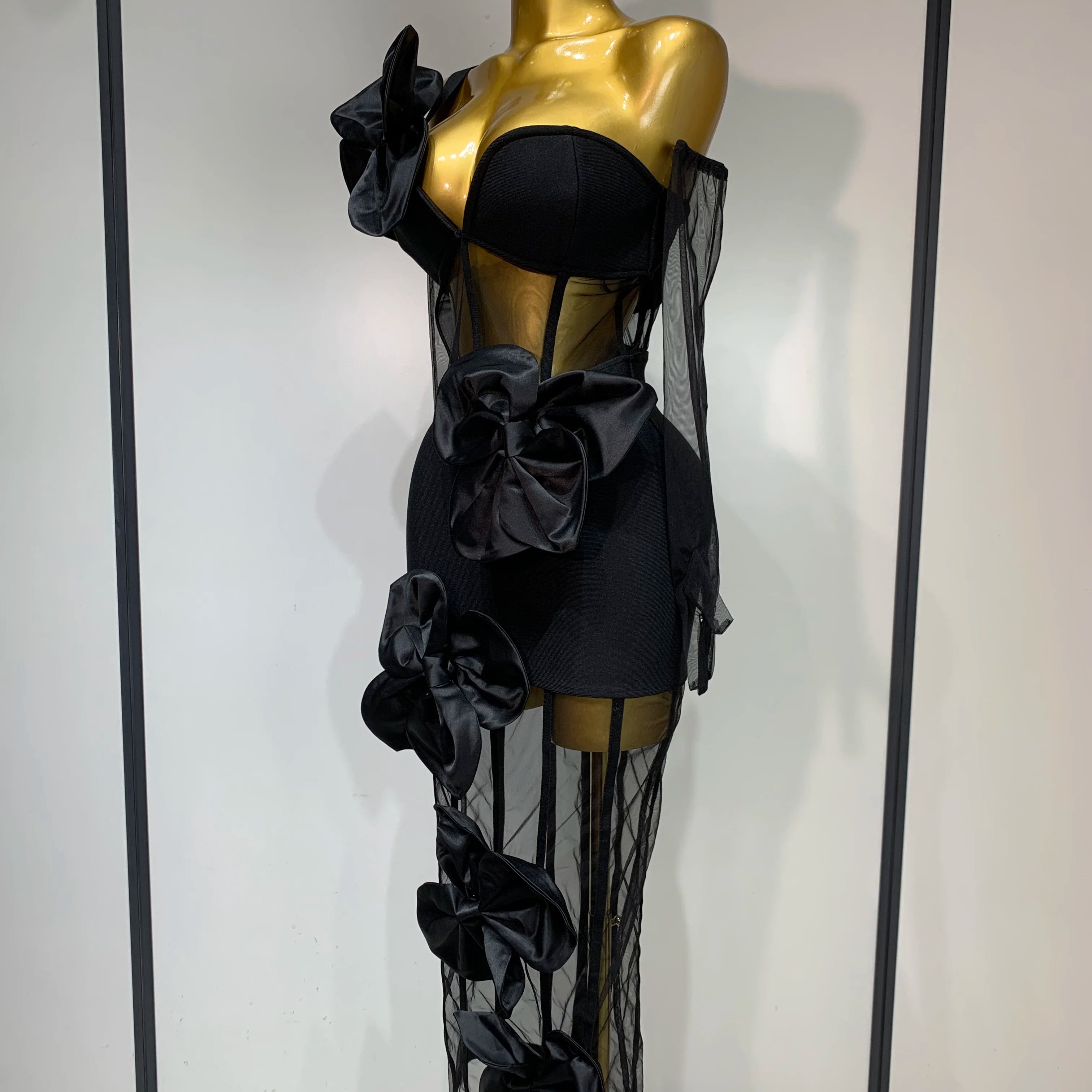 Women Sexy One Shoulder Bow Mesh See Through Bandage Bodycon Dress With Gloves Black Sleeveless Elegant Party Birthday Dresses