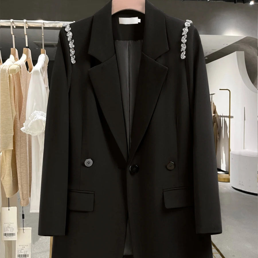 Solid Loose Spliced Button Casual Jackets for Women Lapel Long Sleeves Patchwork Bead Jacket Female Fashion Clothes BLACK