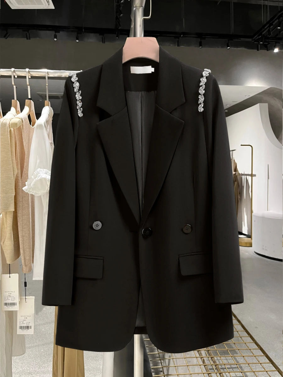 Solid Loose Spliced Button Casual Jackets for Women Lapel Long Sleeves Patchwork Bead Jacket Female Fashion Clothes BLACK