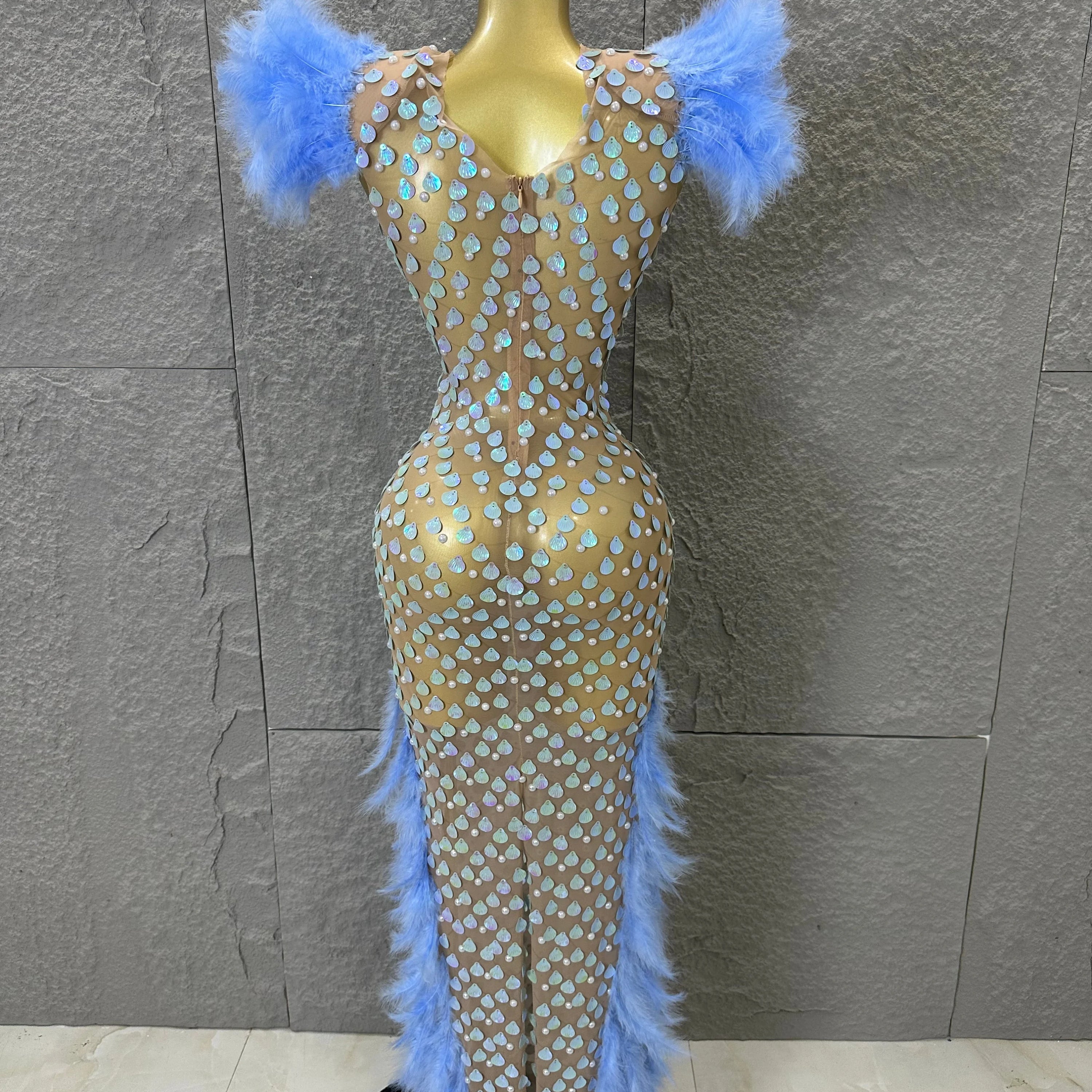 Women Blue Feather Trim Teardrop Sequin Embellished Bodycon Stage Performance Gown Nude Sheer Mesh Maxi Dress
