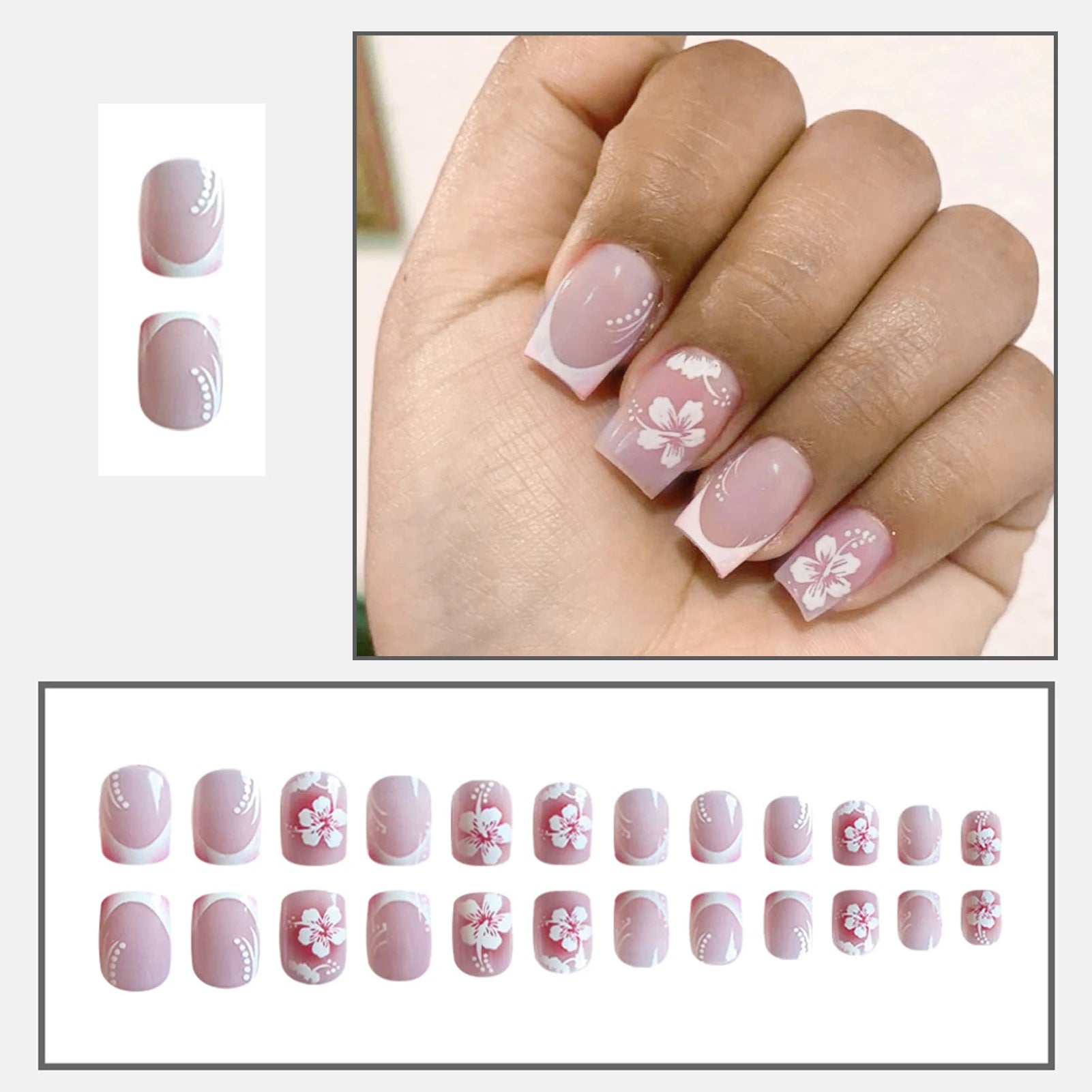 White French Fake Nails with Flower Printed 24Pcs Blush Pink Press On Nails Short Square False Nails Tips DIY Charm Manicure