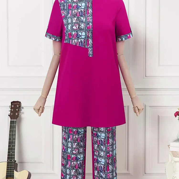 Plus Size VONDA Elegant Women Sets 2024 Office Suits Stand up Short Sleeve Printed Tops Pants Sets Oversized Pants Matching Sets