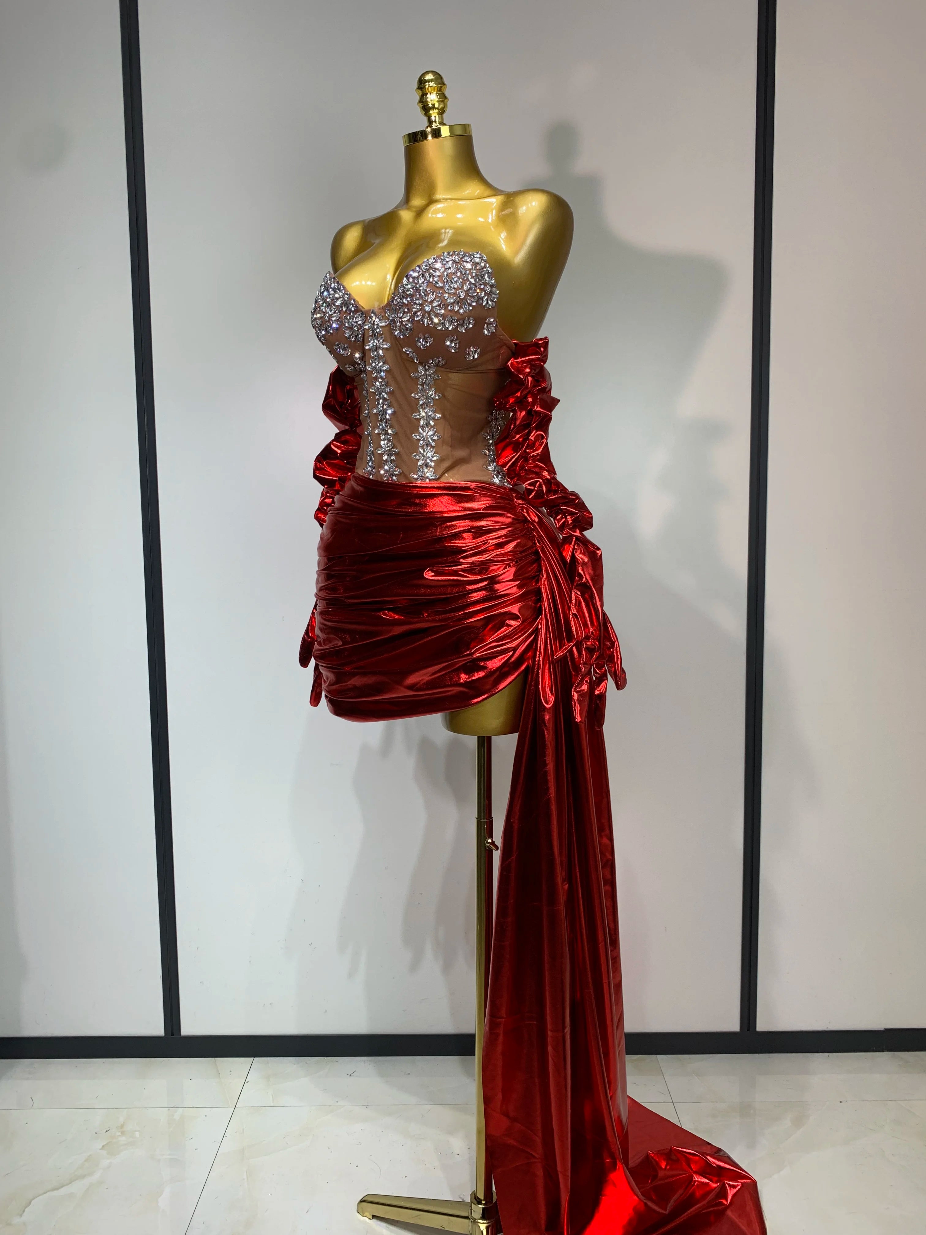 Sparkly Diamonds Sexy Mesh See Through Mini Dress Glove Women Celebrate Party Luxury Birthday Nightclub Perform Stage Outfit