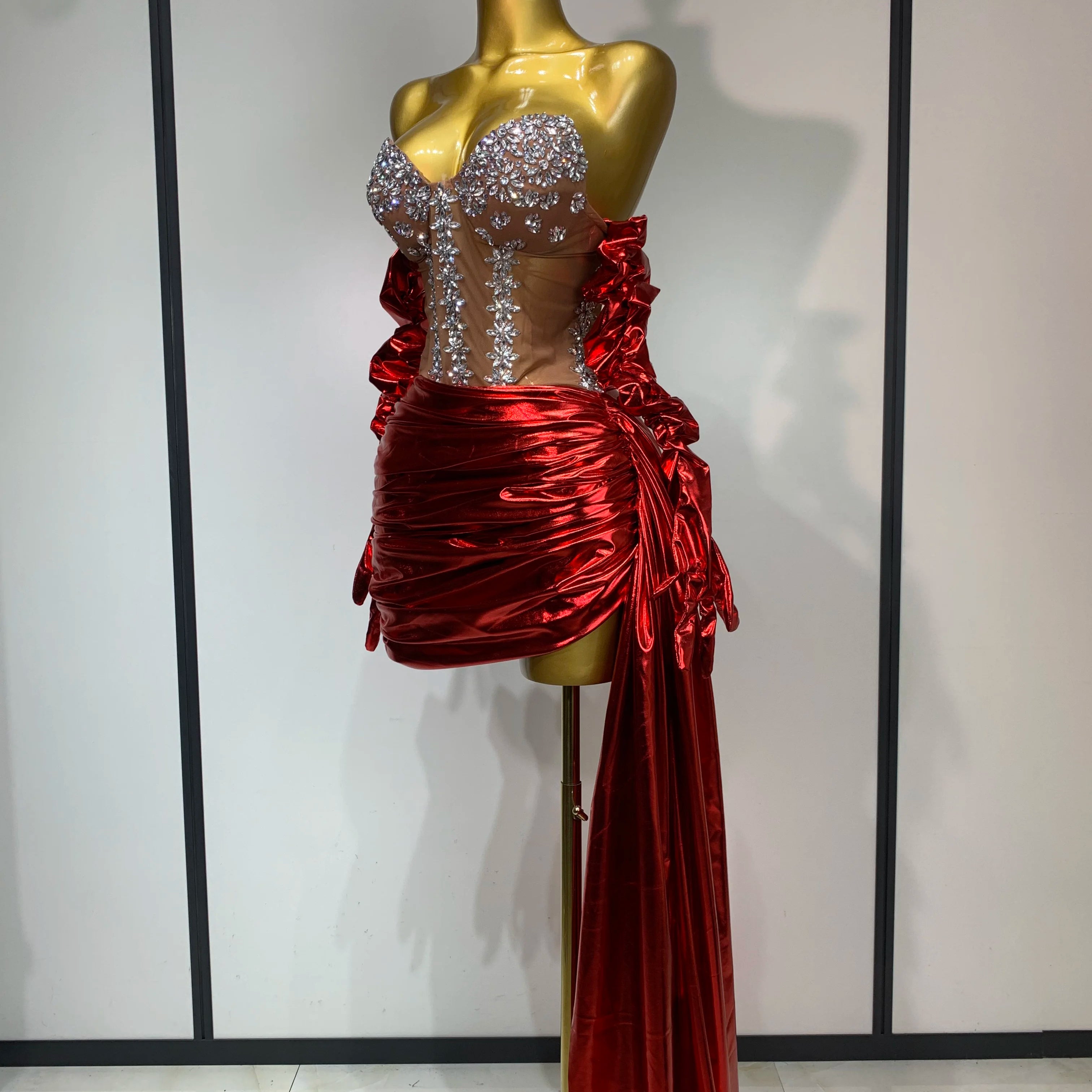 Sparkly Diamonds Sexy Mesh See Through Mini Dress Glove Women Celebrate Party Luxury Birthday Nightclub Perform Stage Outfit