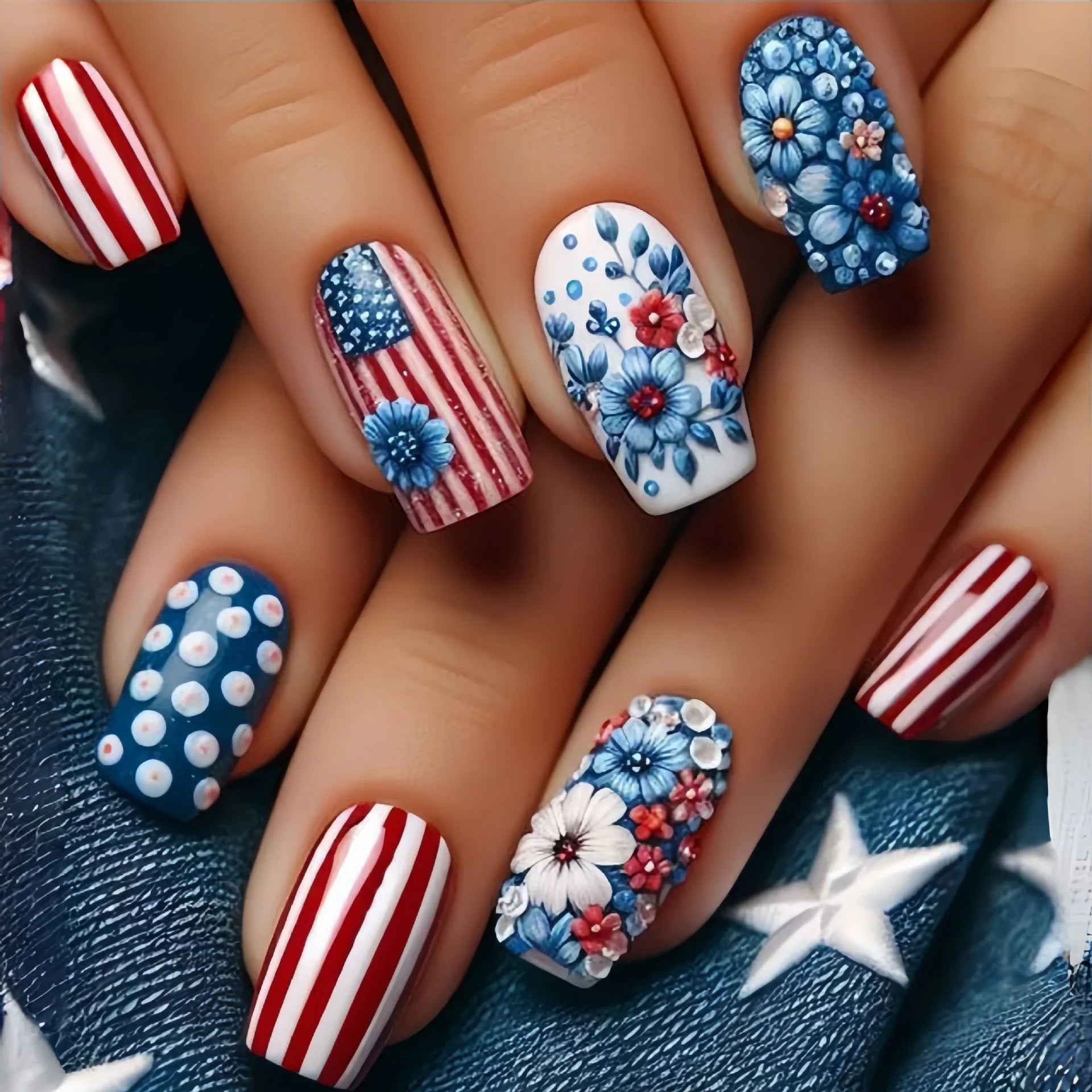 24pcs/set Short Medium square ballet fake nails tip for American Independence Day blue red flowers star flag press on false nail 2086
