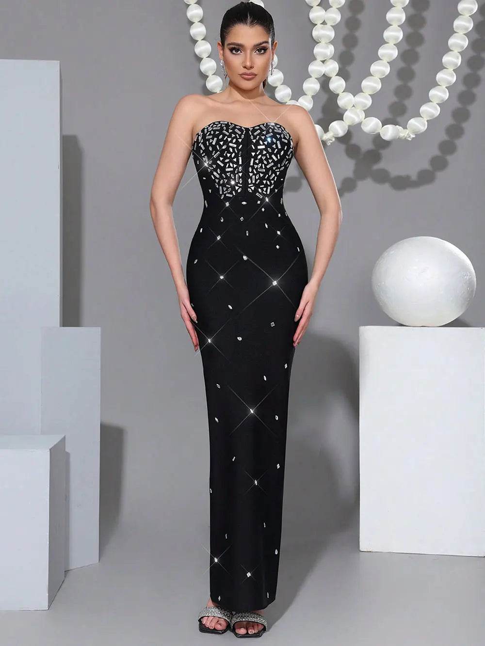 2025 Sexy Women's Nail Bead Design Bandage Dress Strapless Sleeveless Bodycon Backless Long Dress Cocktail Dinner Dress Vestitos black