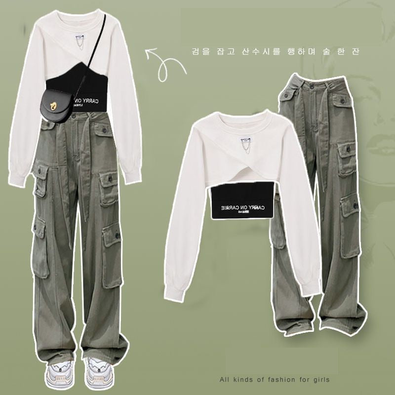 Women's Autumn Winter Suit Korean Elegant Loose Short Sweater Vest Cargo Pants 3 Piece 2024 New Casual Sportswear Matching Set White Set