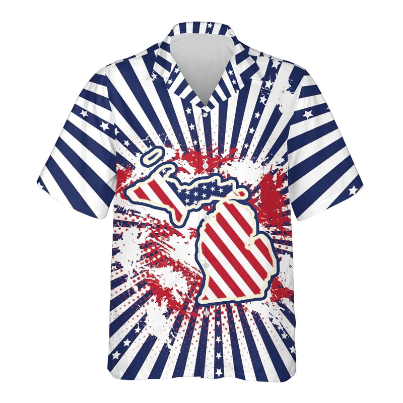 USA California Virginia Michigan Map Flag Graphic Shirts For Men Clothes America Florida Patriotic Lapel Blouse Male Shirt Tops Shirts-SZF39662