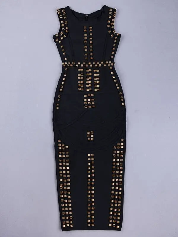 2023 New Women Sexy Diamond Embellished Bodycon Long Bandage Dress Elegant Rayon Backless Sleeveless Party Dress black