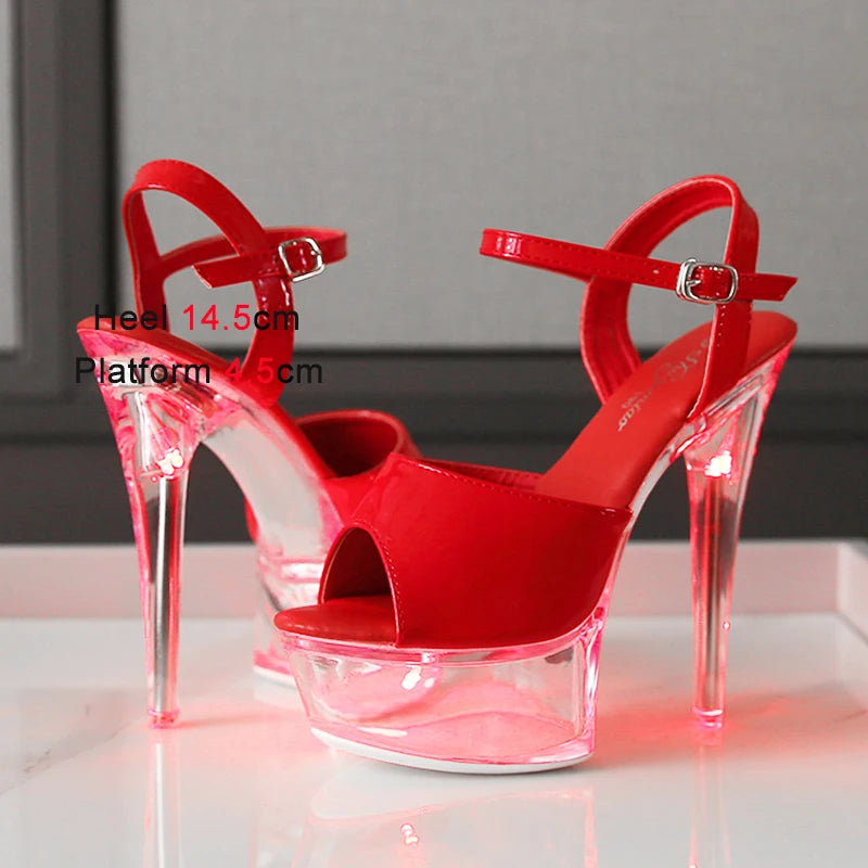 Women's Transparent And Glowing High Heels Red LED Light Up Party Sandals Nightclub Pole Dance Shoes 14.5CM Summer Runway Pumps As Picture Shown