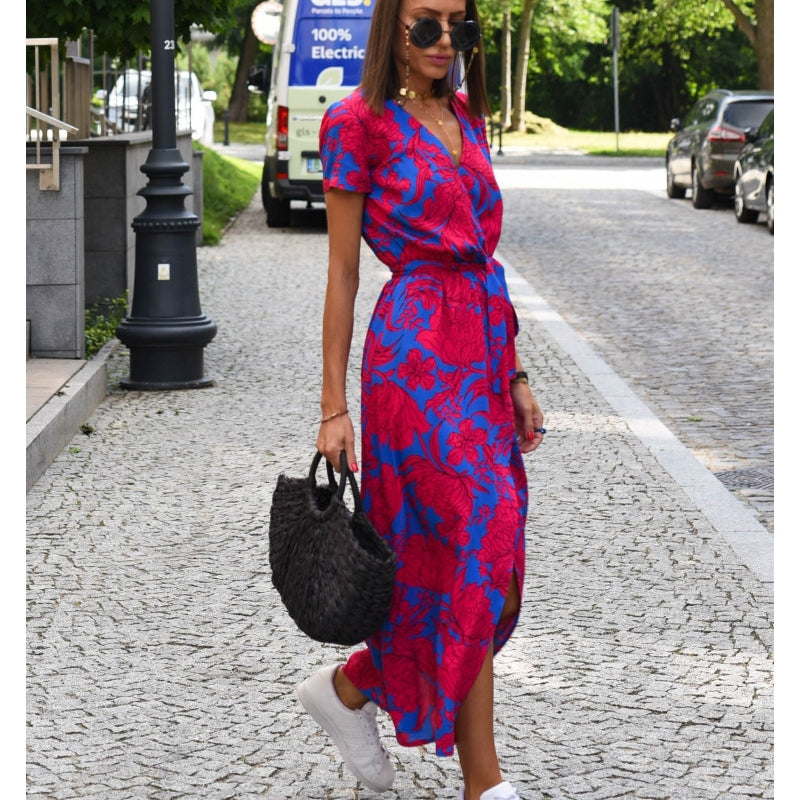 Women Casual Floral Print Dress Summer Elegant V-neck Short Sleeve Waist Lace Up Maxi Dresses Female Holiday Split Long Dress Red