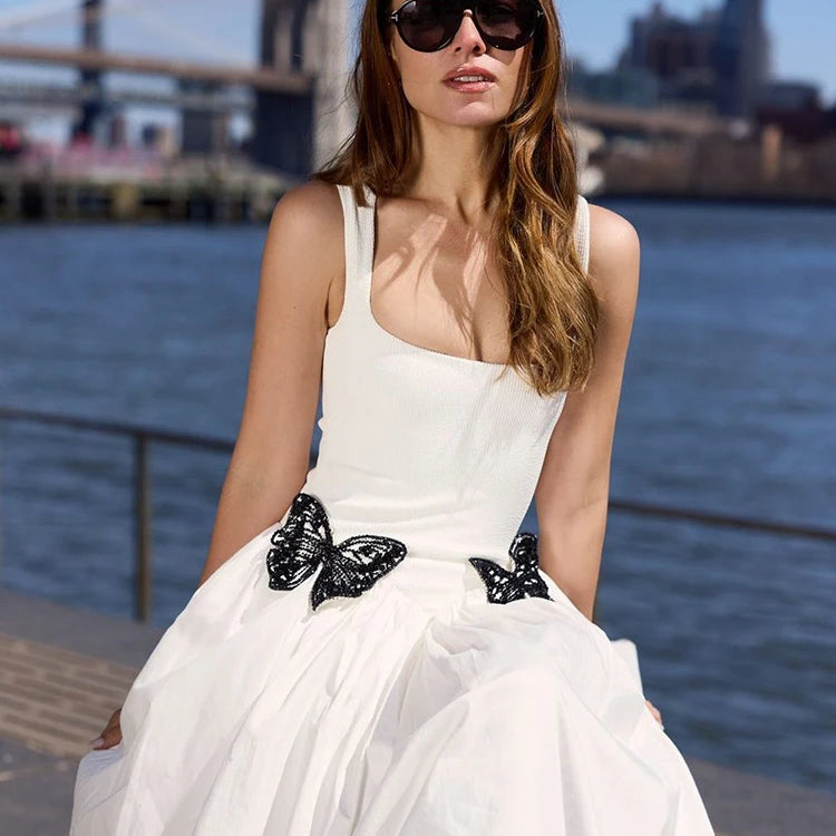 Fresh White Spaghetti Sleeveless Square-Neck with Lace Butterfly Details Midi Dress for Garden Party Gown