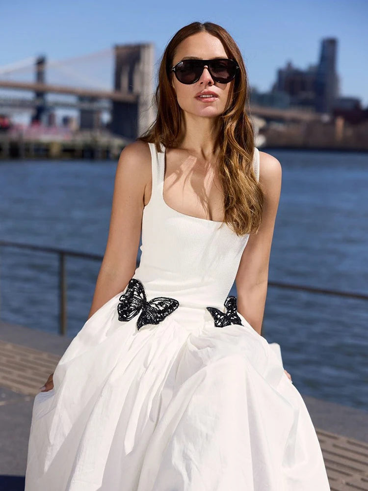 Fresh White Spaghetti Sleeveless Square-Neck with Lace Butterfly Details Midi Dress for Garden Party Gown