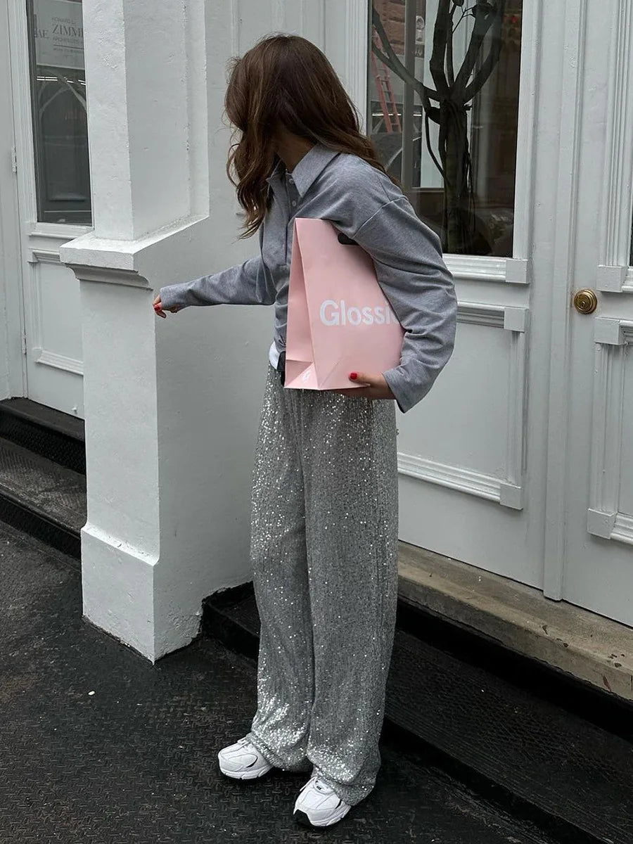 Sequin Pants New Instagram Style Trendy American Pearlescent Sequin Straight Leg Floor mops