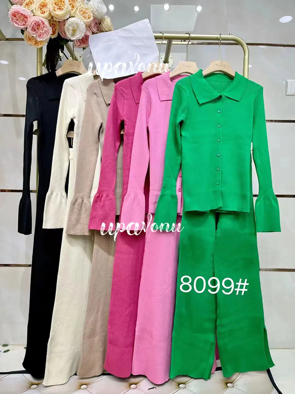 2024 Fashion Slim Knit Pants Set Lapel Flare Long Sleeve Single Breasted Cardigan Sweater & Trousers Two-Piece Set