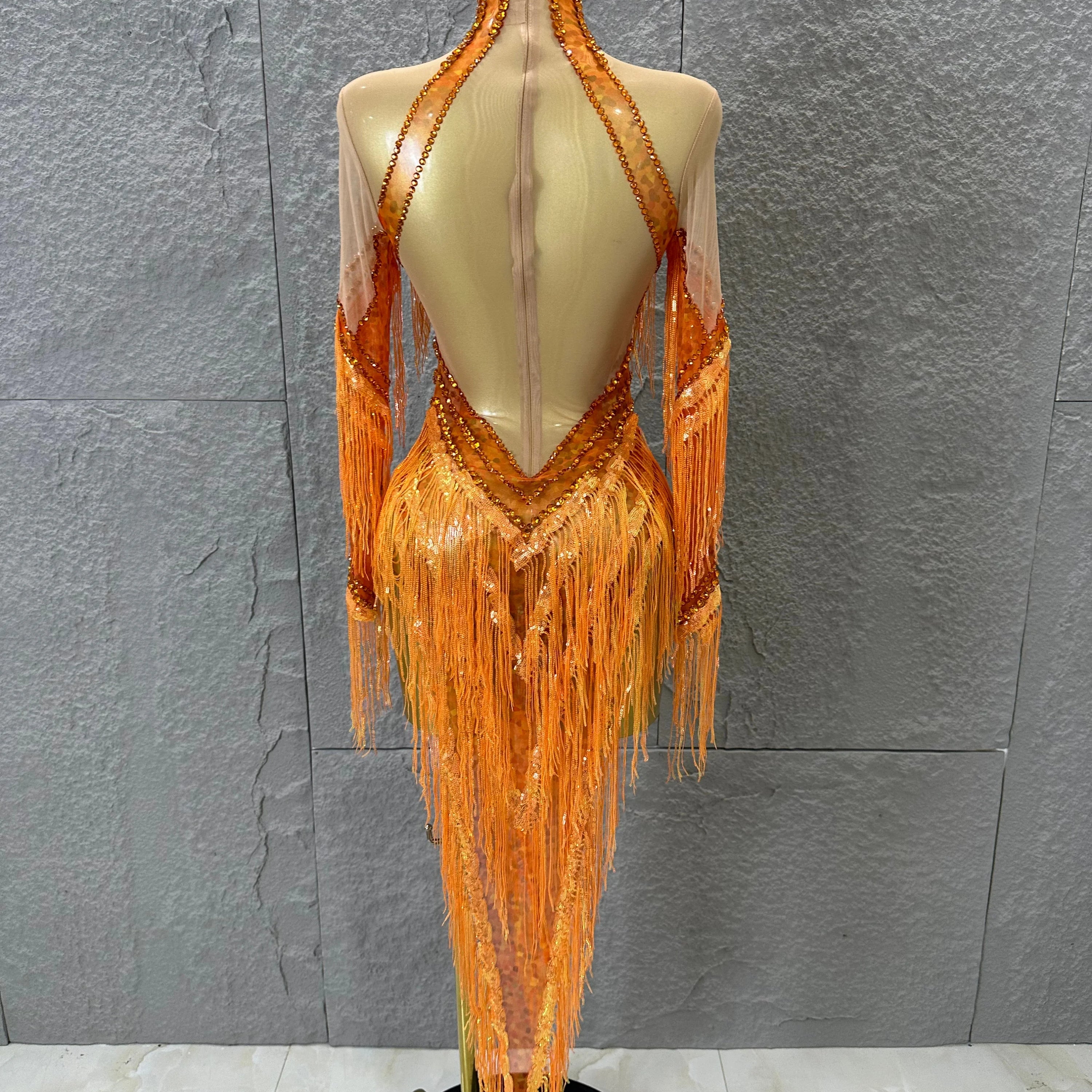 Sparkly Orange Rhinestone Fringe High Neck Dress Women Sheer Mesh Embellished Latin Dance Performance Costume
