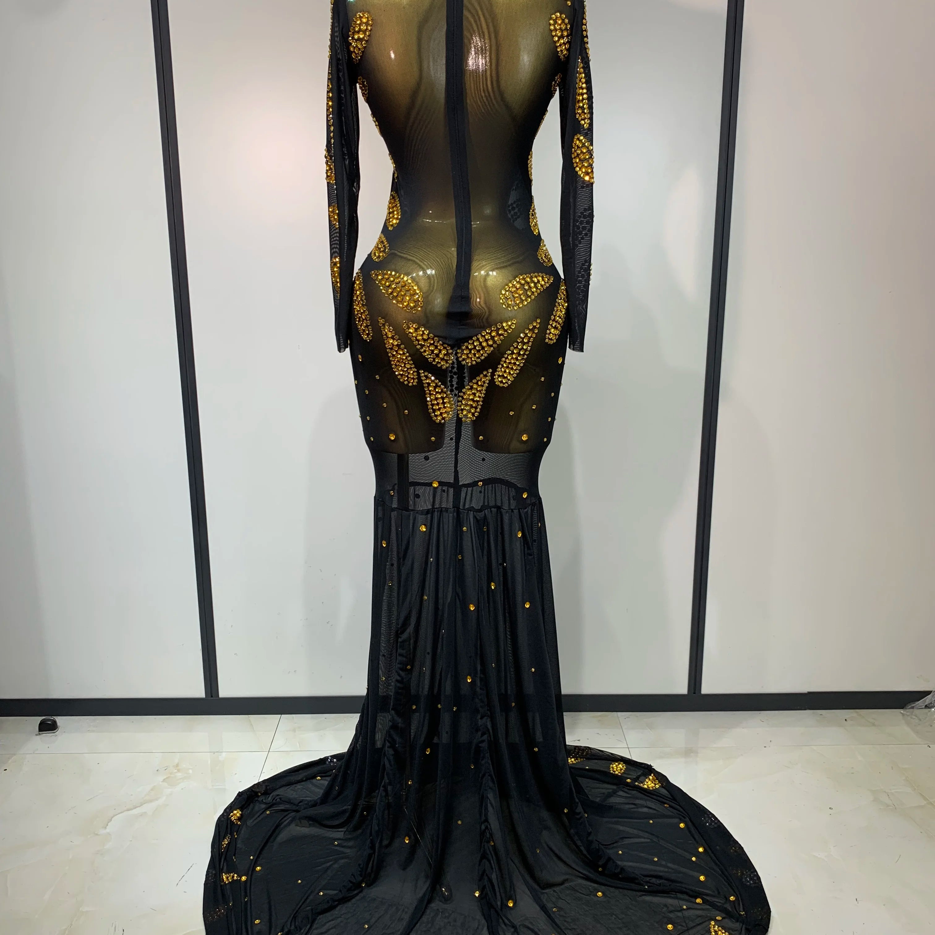 Stage Perform Dress Sexy Mesh Transparent Maxi Long Dress Nightclub Outfit Singer Dance Costume Elegant Party Dress