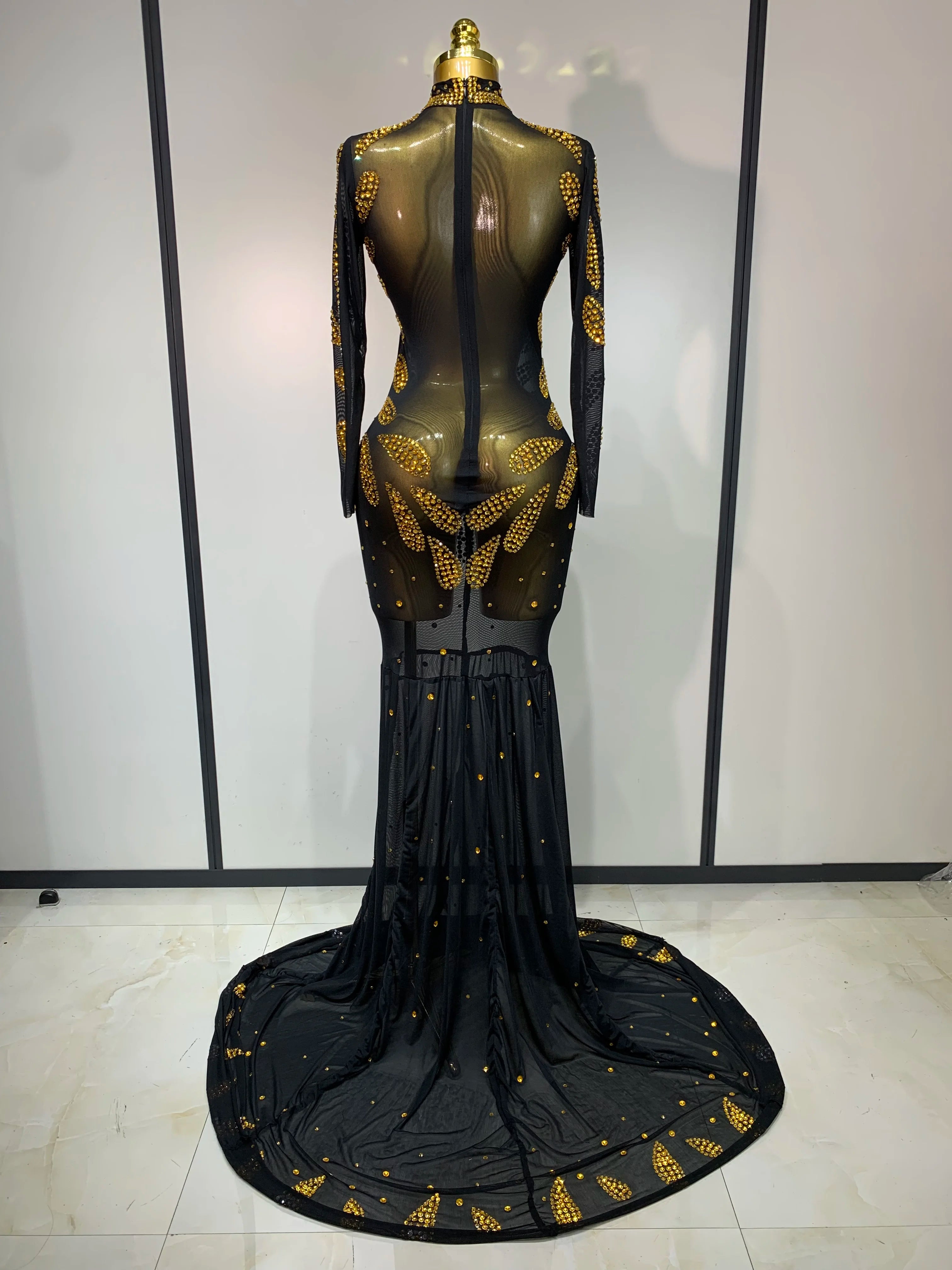 Stage Perform Dress Sexy Mesh Transparent Maxi Long Dress Nightclub Outfit Singer Dance Costume Elegant Party Dress