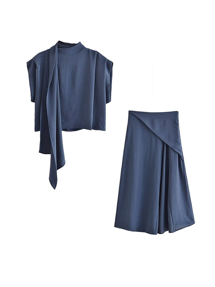 TRAF 2024 Spring/Summer Women's Solid Color Set Wrap Collar Mismatch Sleeveless Causal Top A-line Wide Drop Ankle-Length Skirt