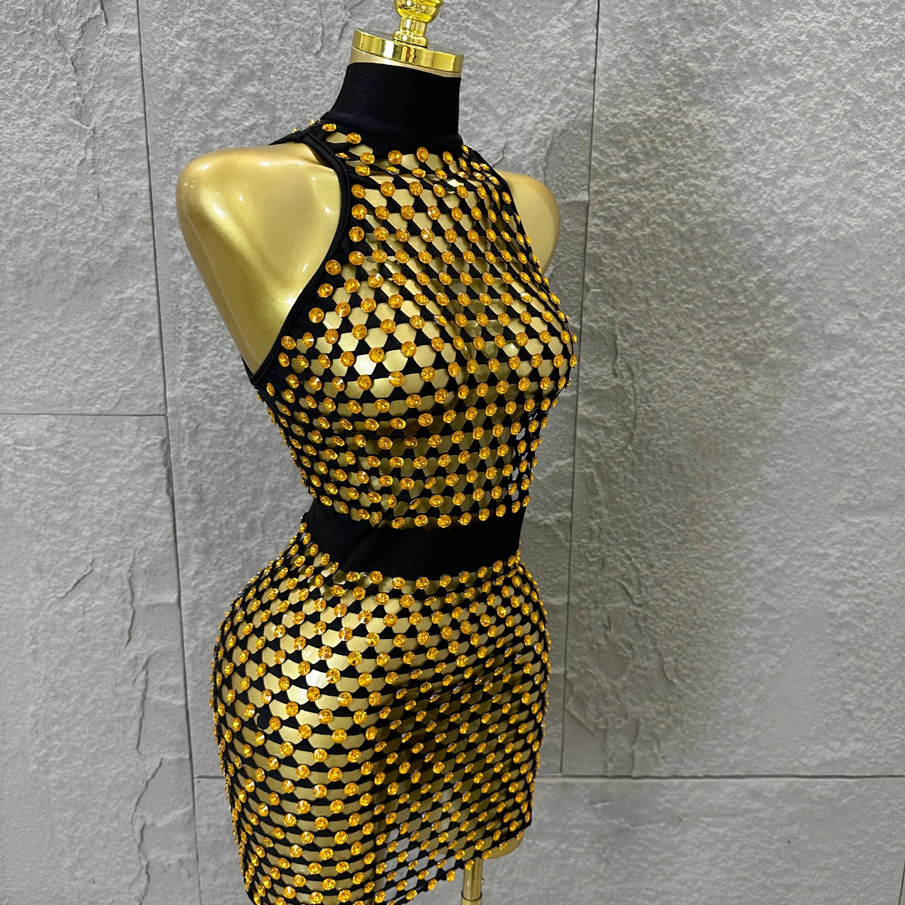 Luxury 2026 Glamorous Black Mesh Halter Mini Dress Sparkle Rhinestone Gold Silver Bead Bodycon Bar Stage Performance Costume