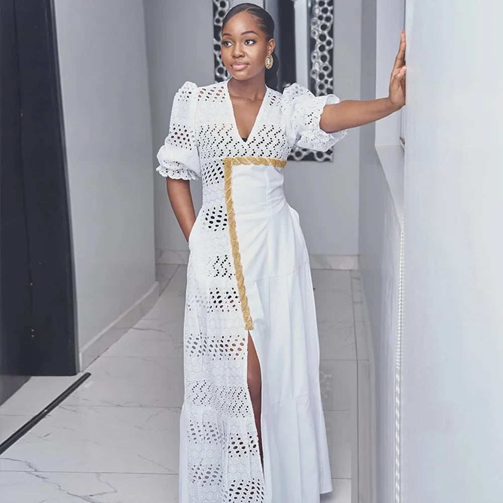 White Sexy V-neck Hollow Dresses Summer Fashion Women Puff Sleeve Slim High Split Long Dress Casual High Street Dress WHITE