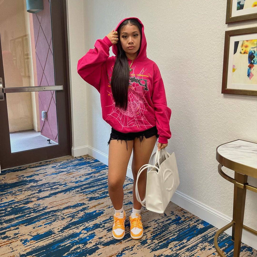 Y2k Printed Hoodie Sweatshirt for Women Spider Web Letter Gothic Streetwear Winter Baggy Hooded Polyester Autumn Punk Hoodies Rose Red