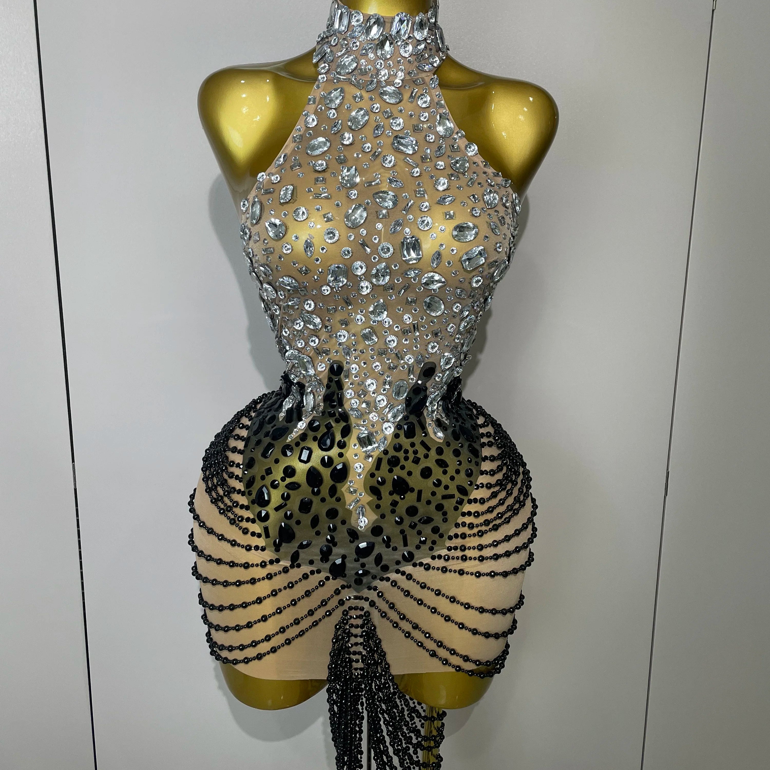 STOCK Sparkly Crystals Beading Short Dress 2025 Women Sexy Mesh Backless Evening Prom Celebrate Birthday Dress Photo Shoot Wear Silver