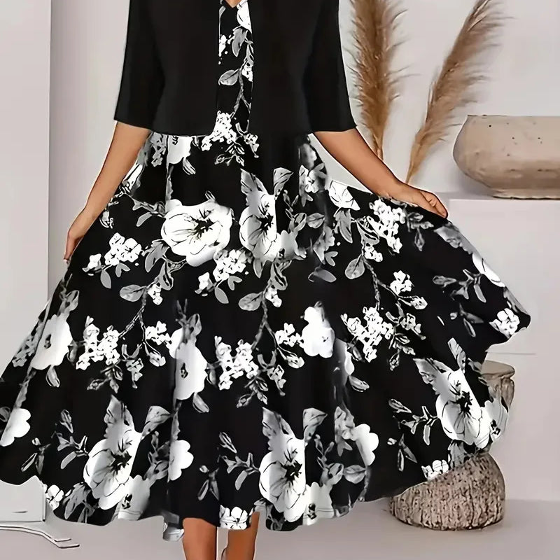 New for summer 2024! Eu-us Fall Women's 2 long Dress Set - floral and grass print crew neck dress with chiffon short coat black