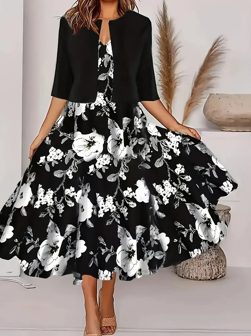 New for summer 2024! Eu-us Fall Women's 2 long Dress Set - floral and grass print crew neck dress with chiffon short coat black