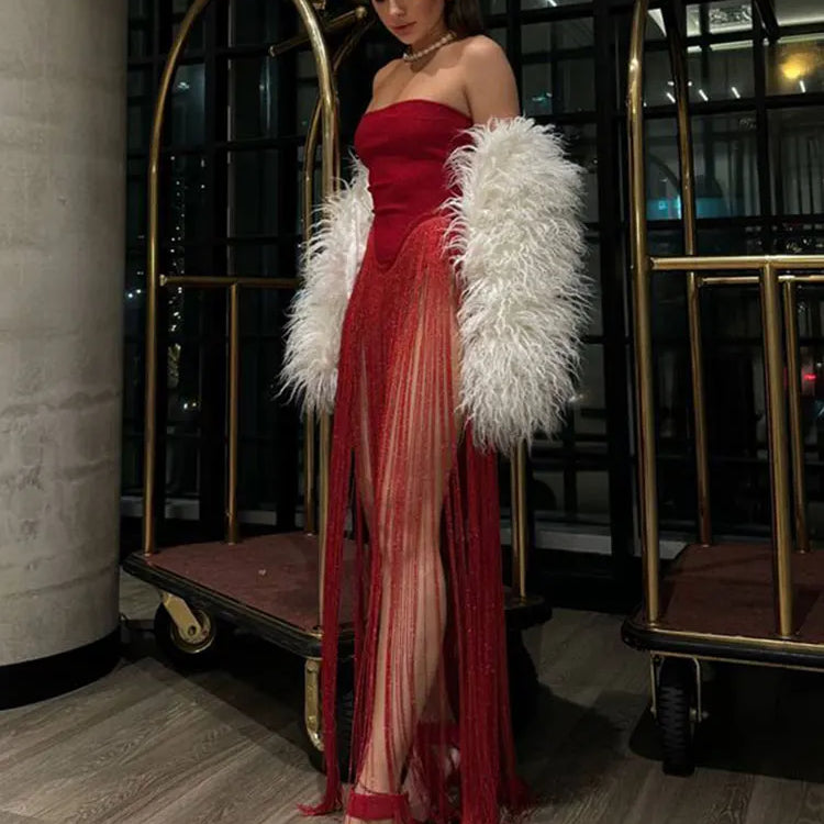 2024 Sexy Women's Black Bandage jumpsuit Tassel Dress Strapless Sleeveless Slim Fit Long Dresses Cocktail Evening Party Vestidos