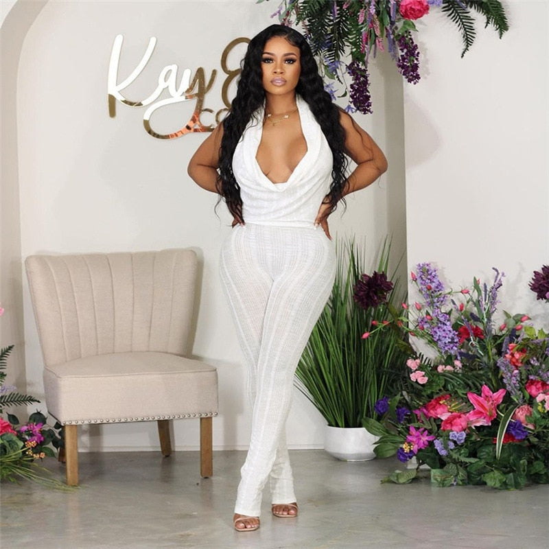 Sexy Low Collar Hanging Neck Sleeveless Slim Fit High Waist Jumpsuits Women Summer 2024 Casual Backless Solid Crumpled Overalls