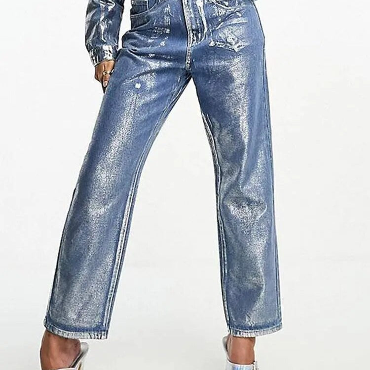 ZHYMIHRET Gold Prägung Gerade Jeans Für Frauen 2023 Herbst Winter Metallic Denim Hohe Taille Hosen Streetwear Y2K Kleidung 