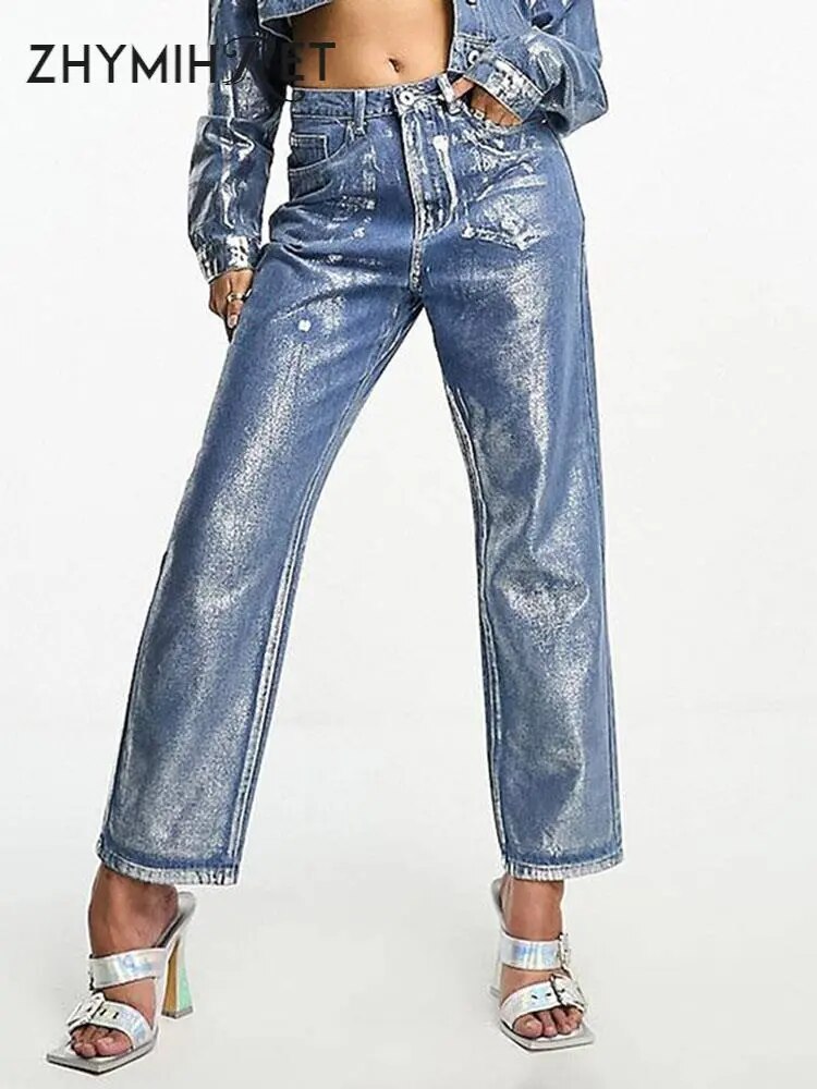 ZHYMIHRET Gold Prägung Gerade Jeans Für Frauen 2023 Herbst Winter Metallic Denim Hohe Taille Hosen Streetwear Y2K Kleidung 