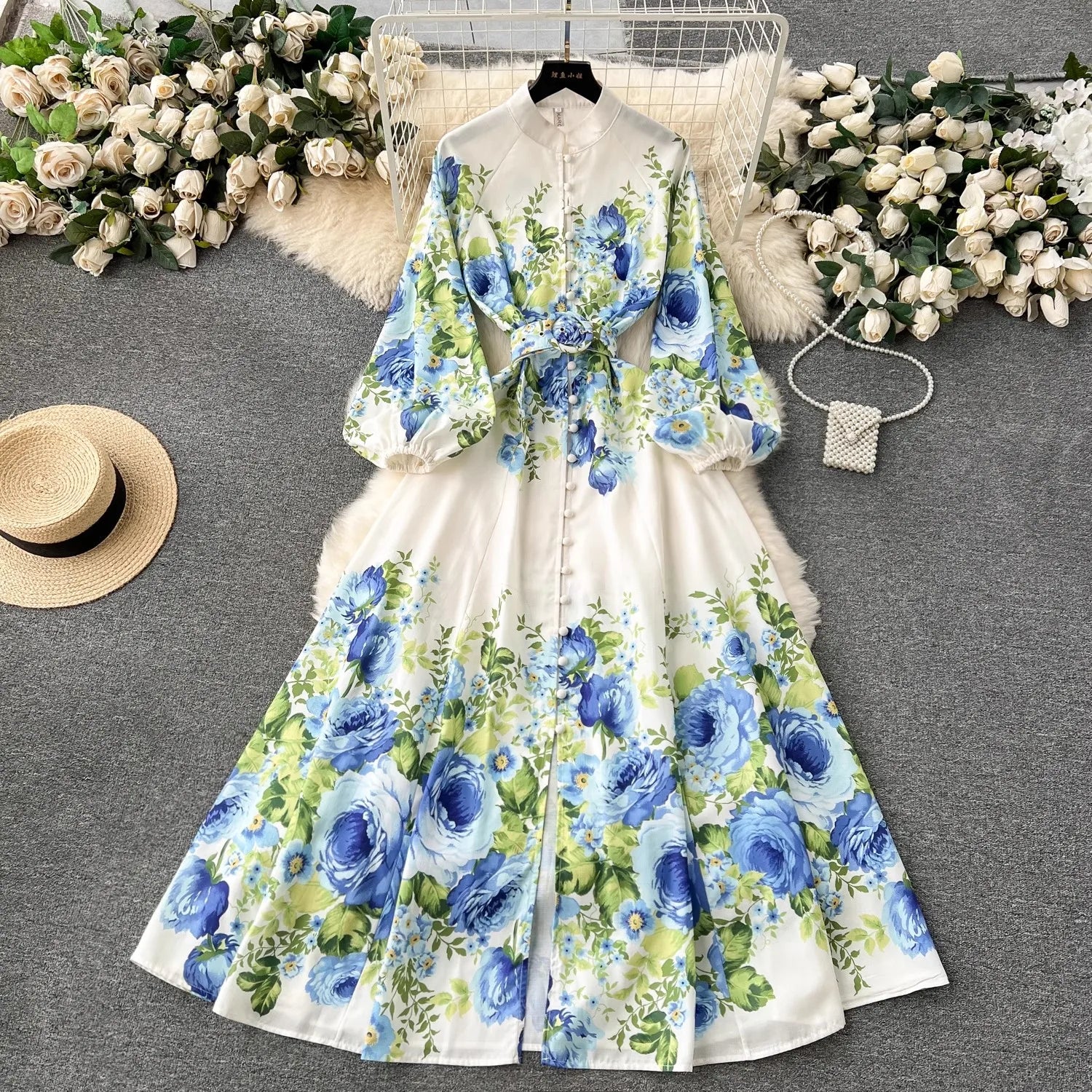 Elegant Gorgeous Floral Bohemian Dress Spring Women Stand Long Lantern Sleeve Floral Print Belt Linen Long Vestidos Clothes 6235 green