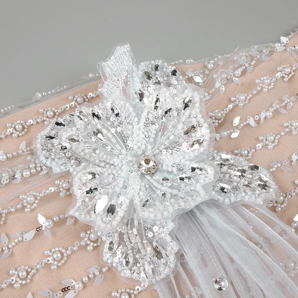 Elegant Beige Strapless Sleeveless Beaded Mesh Floral Details Dress for Fashion Event Gown