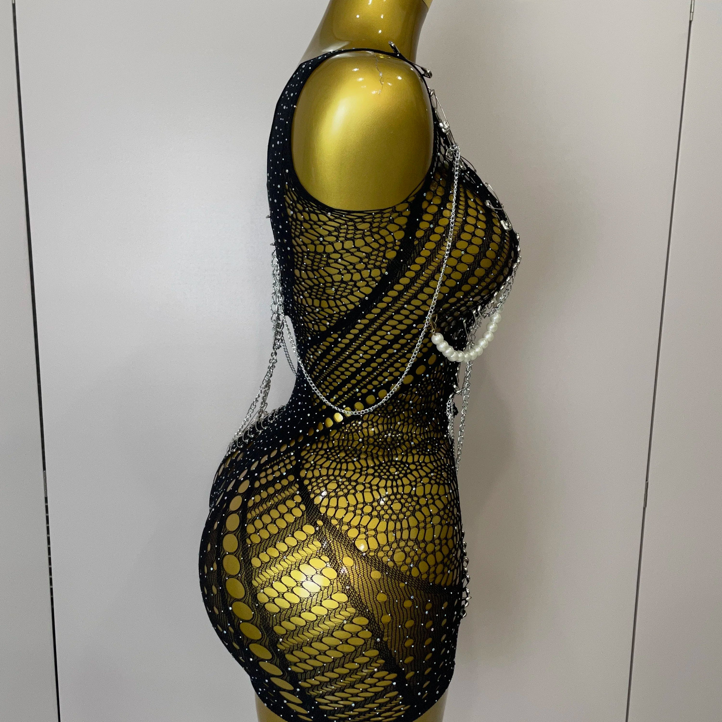 Women Sexy See-Through Bodysuit Black Pin Sheath Mini Dress Evening Birthday Party Nightclub Singer Dancer Performance Costume