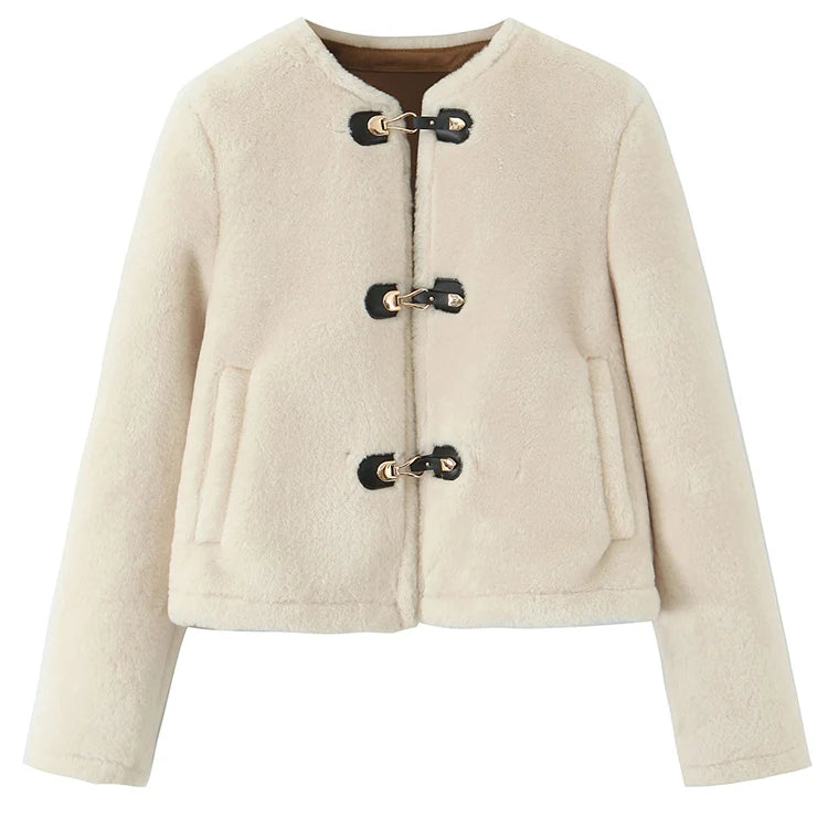 Street Women Causal Faux Fur Jackets 2025 Autumn Winter Fashion O-neck Single Breasted Loose Coats Vintage Warm Chic Outwear