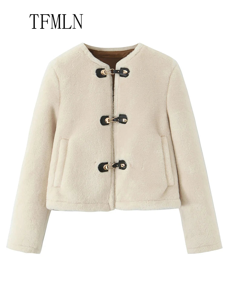 Street Women Causal Faux Fur Jackets 2025 Autumn Winter Fashion O-neck Single Breasted Loose Coats Vintage Warm Chic Outwear