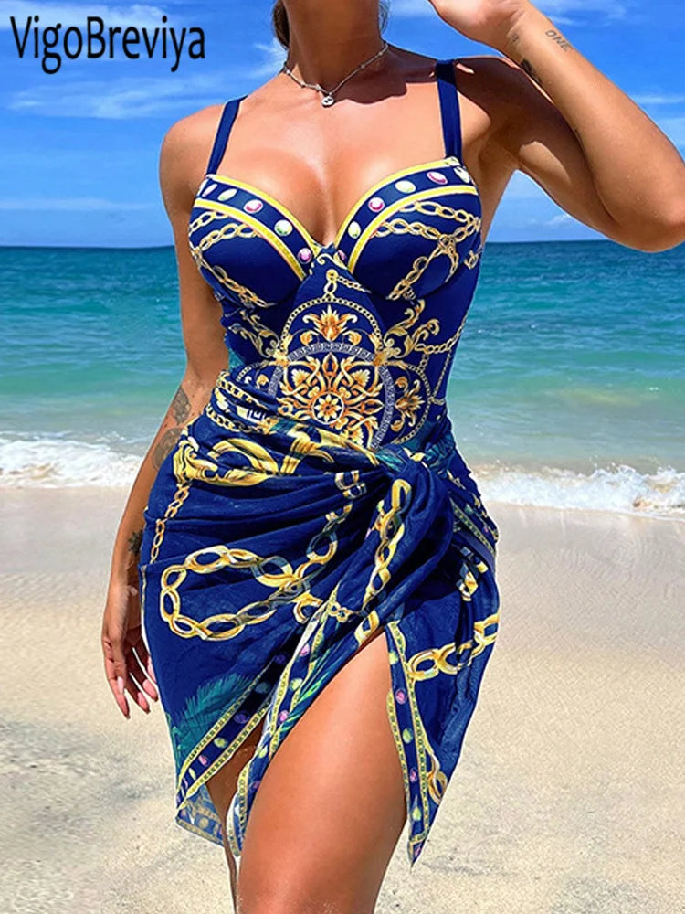 VigoBeviya Sexy Print Strapped 2 Piece Swimwear Women Strapped Push UP One Piece Swimsuit Monokini Backless Bathing Suit Blue