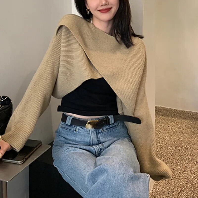 Short Pullovers Sweaters Autumn Winter 2024 Streetwear Knitted Sweater Women's Long Sleeve Cross Irregular Solid Y2K Tops 22933